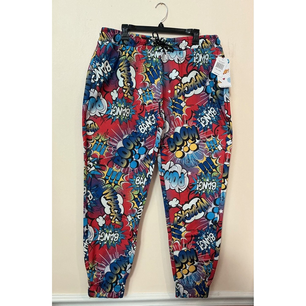 Oh Snap Men's Comic Book Pop Art Jogger Pants Red BOOM BANG Drawstring Size XL